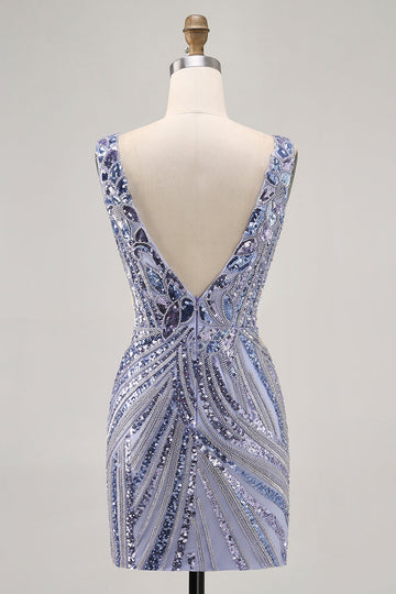 Sparkly Lilac V-Neck Bodycon Homecoming Dress